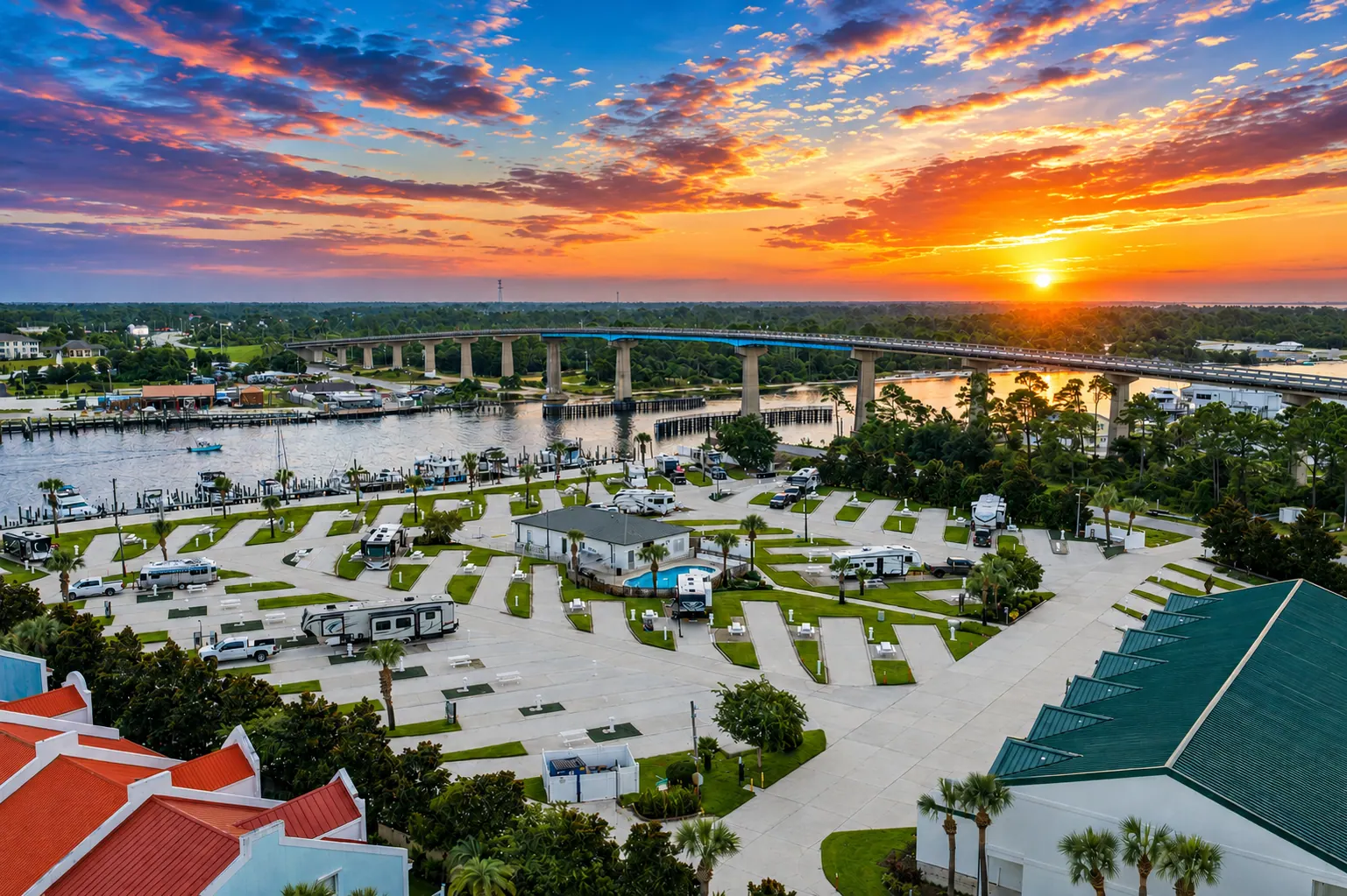 Aerial view of Perdido Key RV Resort & Marina at sunset